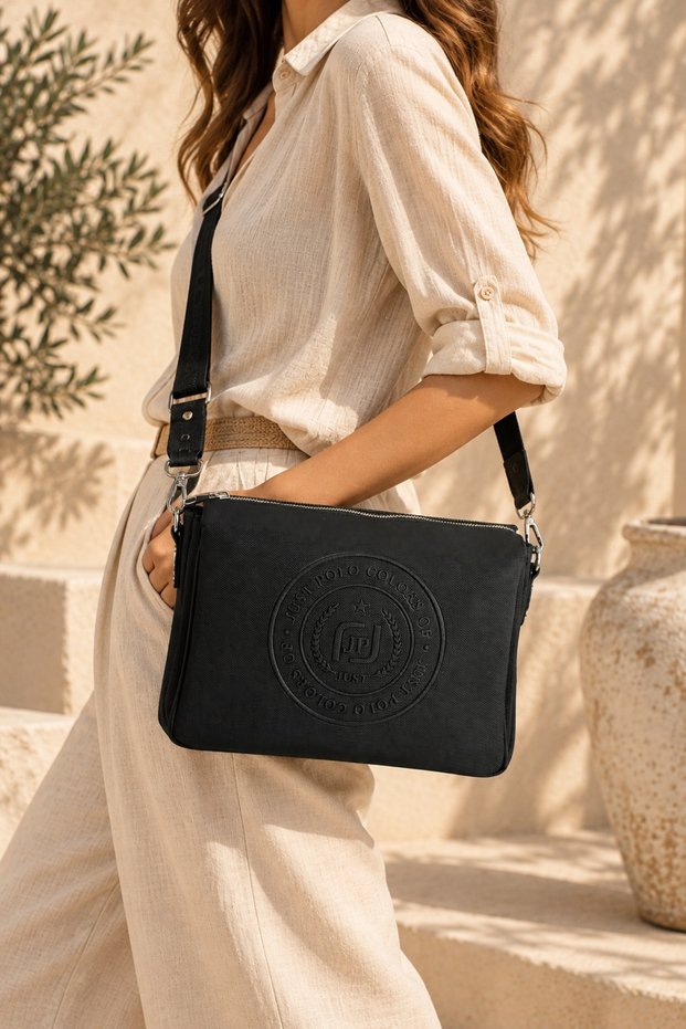 Black Adjustable Long Strap Water Resistant Lacoste Fabric Women's 6-Compartment Cross Shoulder Bag