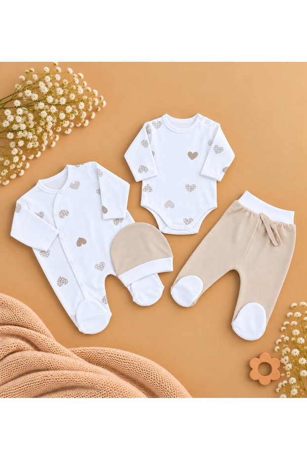 100% Cotton 4-Piece Baby Hospital Discharge Set: Romper, Bodysuit, Hat, Booties, Pants Set