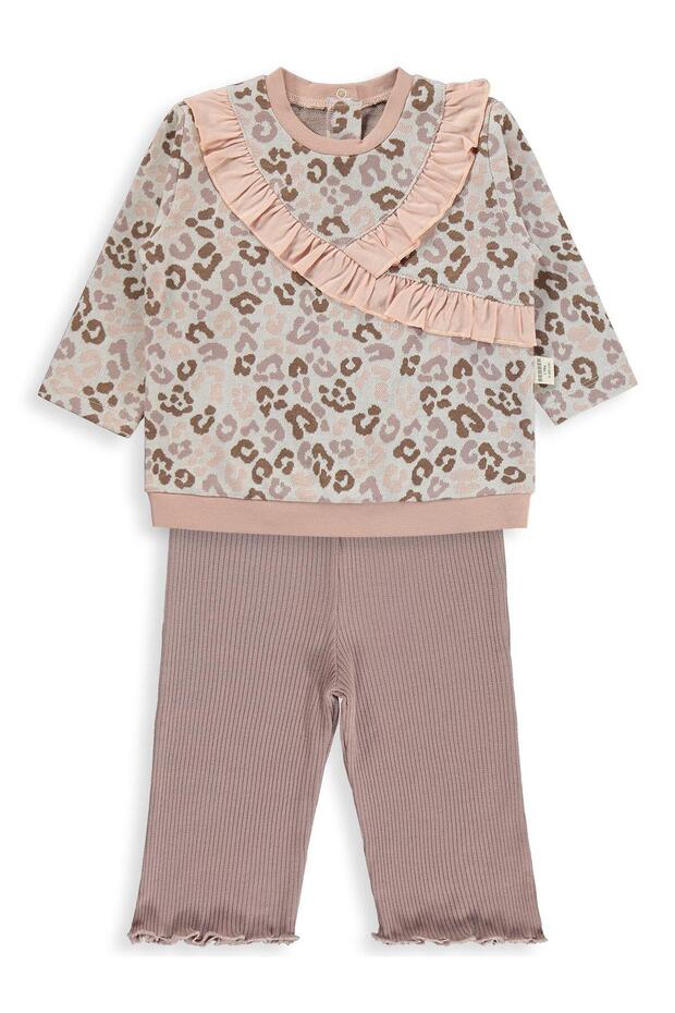 Heart Printed Ruffle Detailed Set for 2-5 Years - Pink