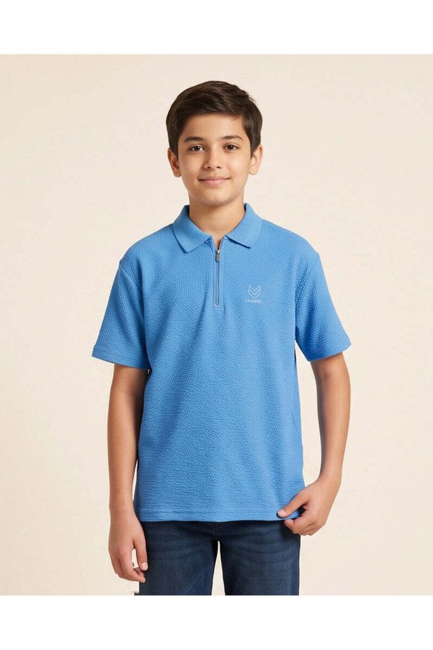 Senior Boys Blue Seersucker Zip Neck Polo Shirt