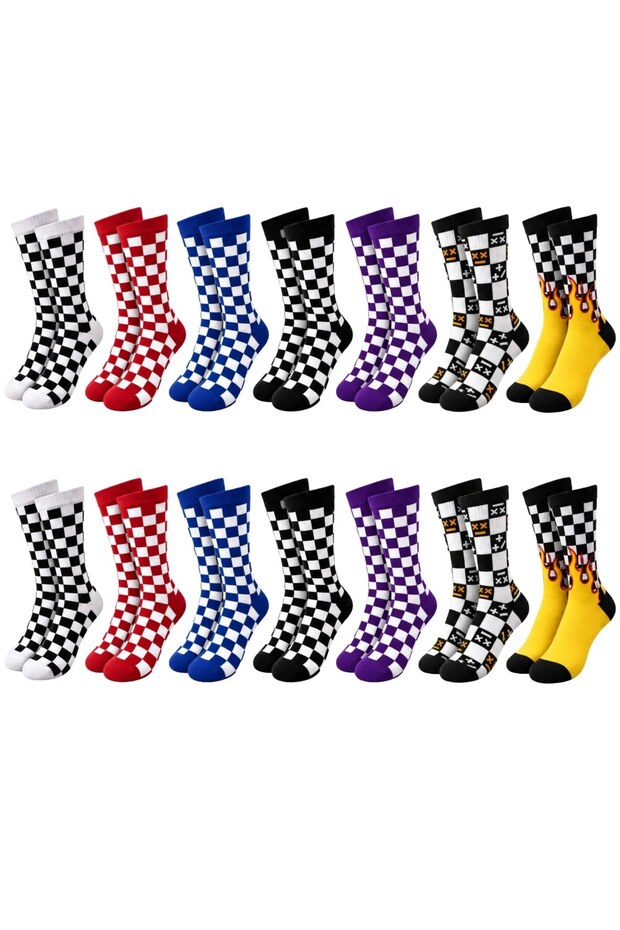 Night Unisex Socks Checkered Patterned Colorful Set of 14 Checkered Flame Patterned Long Socks Daily Sports Socks