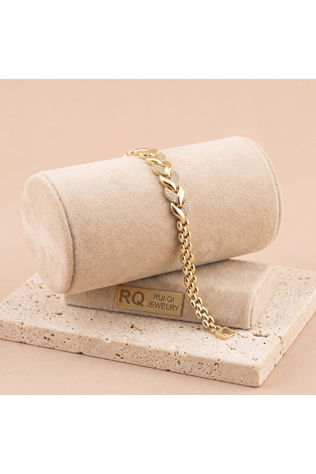 Rui Qi Jewelry Vip Series 316L Steel Gold Color Center Zircon Stone Leaf Motif Chain Bracelet 18.5 cm