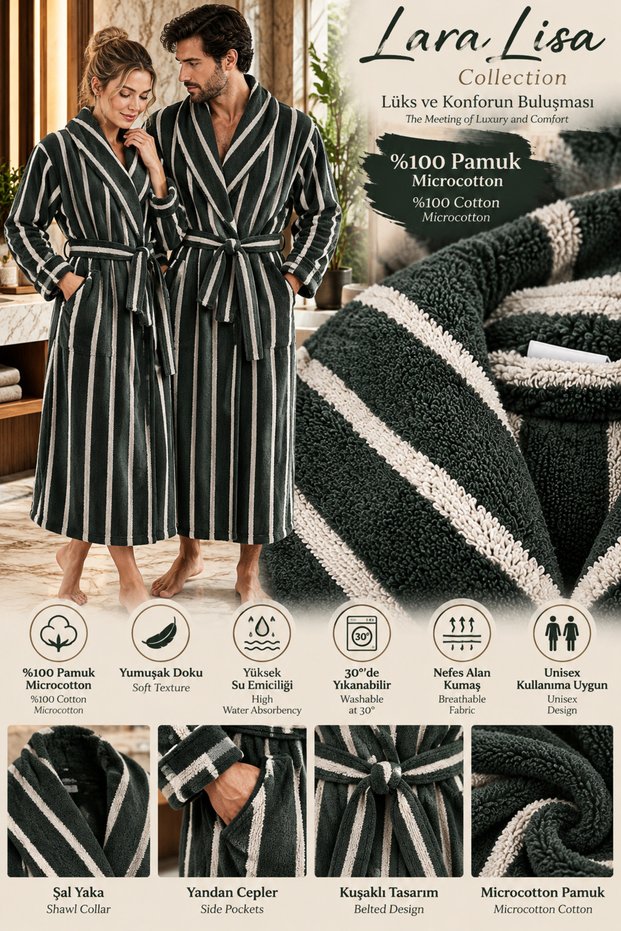 Microcotton Shawl Collar Hidden Pocket Special Soft Cotton Yarn Unisex Women's Men's Striped Bathrobe