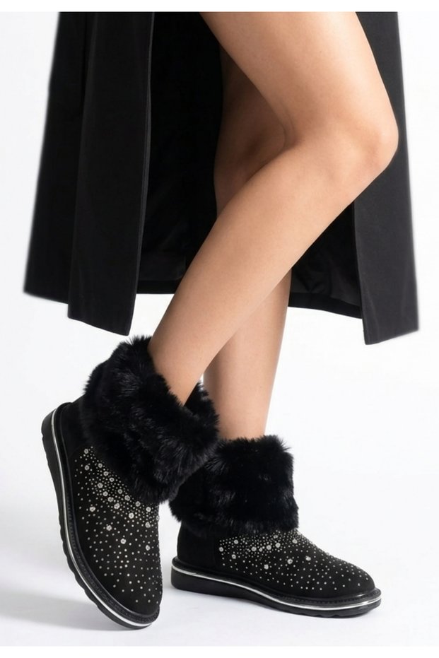 Bellamor Women's Stone Embroidered Fur Sparkling Plush Short Snow Boots