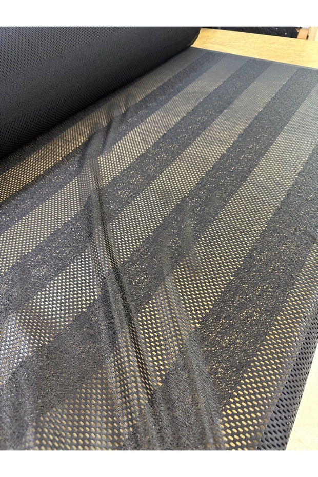 Black Lacquered Lace Fabric - Shiny Mesh Lace with Stripe Print