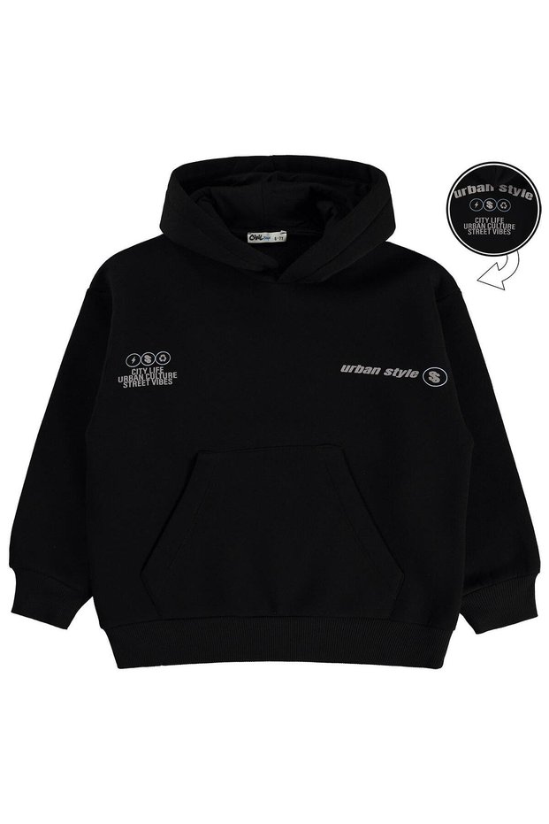 Urban Style Printed Sweatshirt for Ages 10-13 - Black