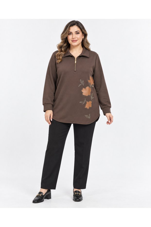 Plus size knitted modal sweatshirt with collar zipper detail brown