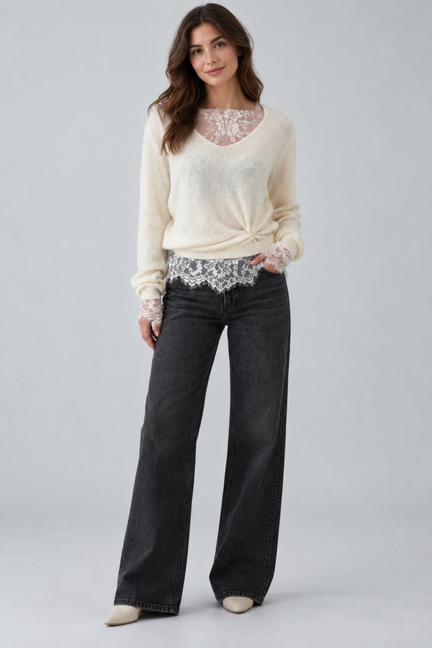 Women's Wool Knit Sweater with Drawstring Detail