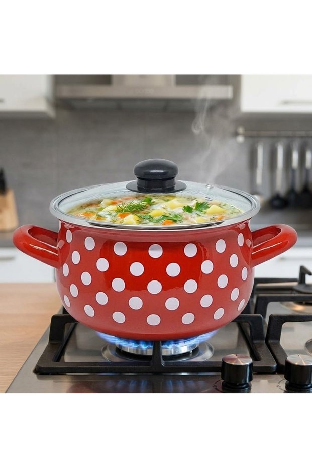 22 cm 4 Liter Red Polka Dot Enamel Pot