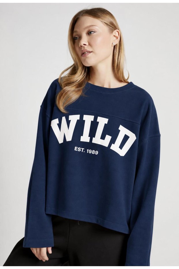 Women's Navy Blue Crew Neck Wild Printed Sweatshirt