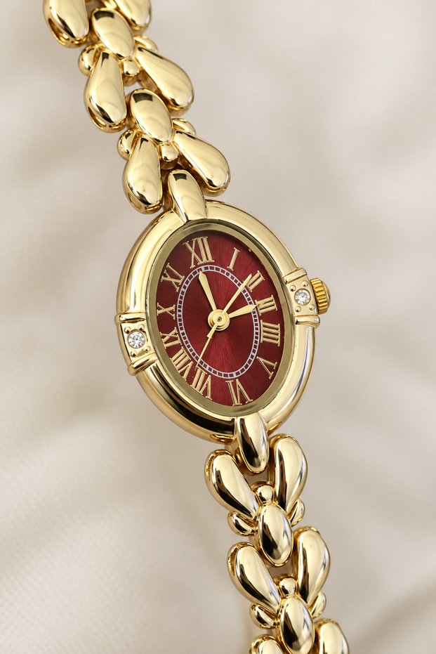Florena Women's Wristwatch with Burgundy Dial, Golden Yellow Oval Case, Roman Numerals, Stone Detail, Floral Motif Bracelet, Vintage Design