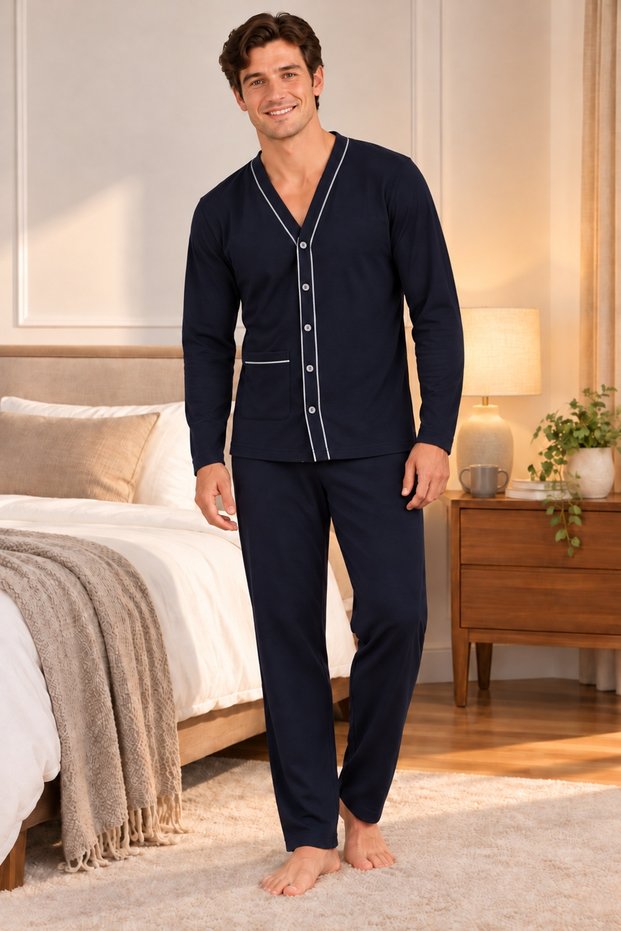 Men's Pajama Set, 100% Cotton, Interlock, Front Buttoned, Long Sleeve, Navy Blue