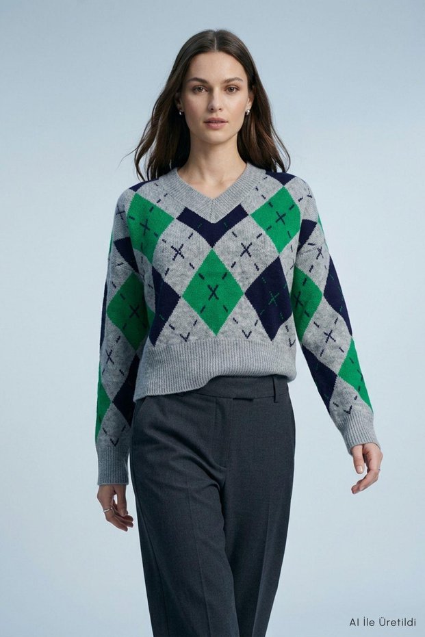 V-Neck Baklava Patterned Crop Sweater 2413 Light Gray
