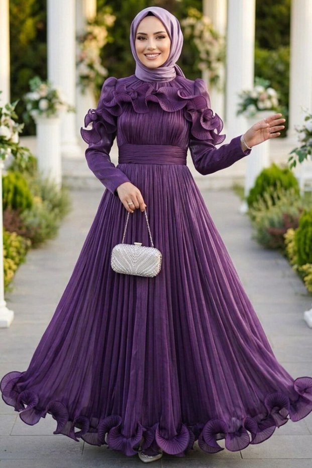 Ruffle Detailed Purple Hijab Evening Dress 55691Mor