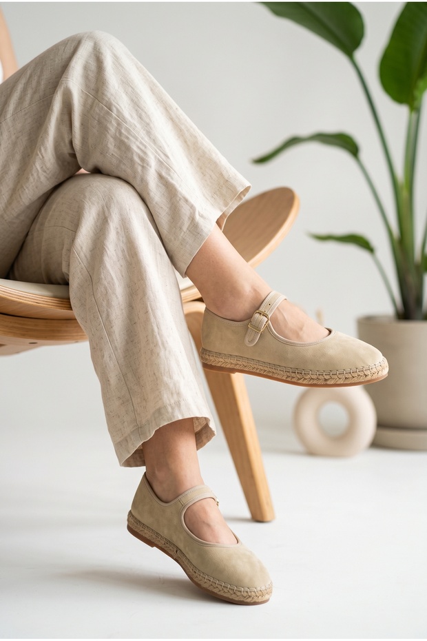 Women's Suede Mary Jane Straw Sole Buckle Casual Shoes Espadrille