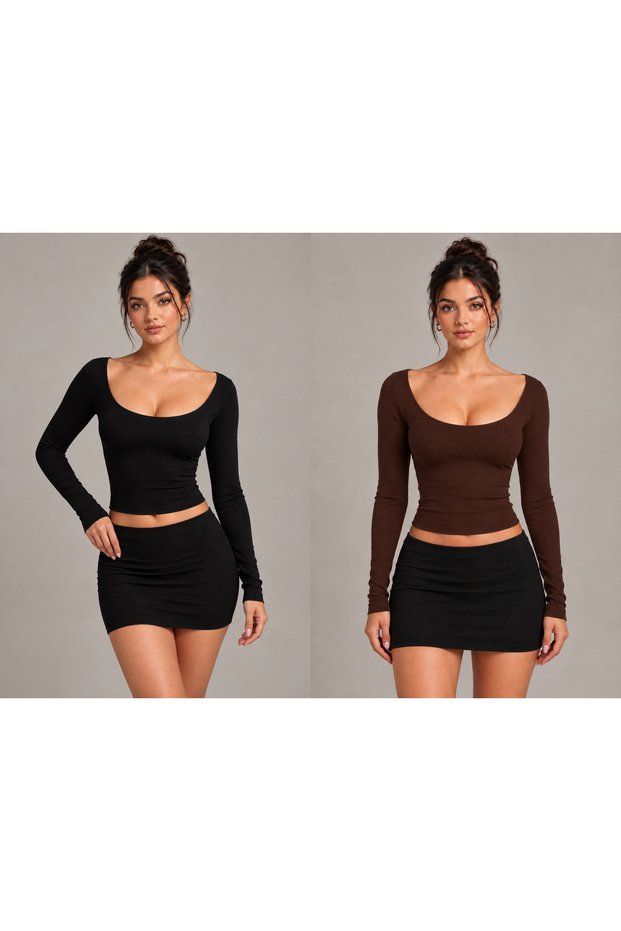 Women's Wide Collar Long Sleeve Boday Blouse Lycra Body-Fitting Stretchy Basic Top
