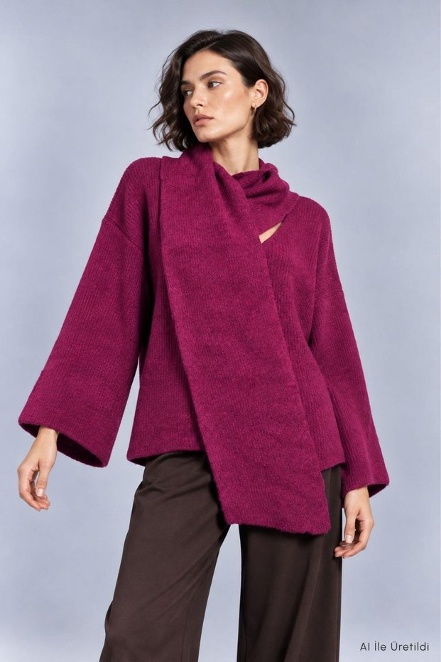 Shawl Collar Ribbed Oversize Knitwear Sweater 2505 Plum