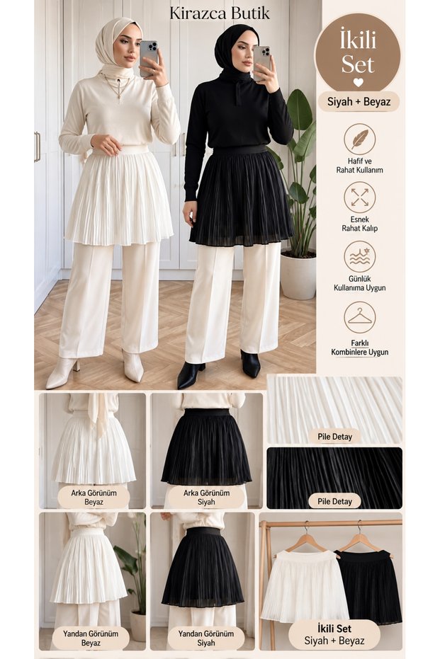 Women's Black and White Double Glitter Pleated Underwear Skirt Set