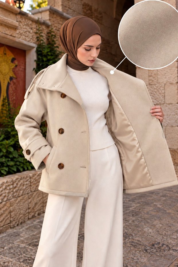 High Collar Epaulet Detailed Cashmere Coat Tsd260355 Beige