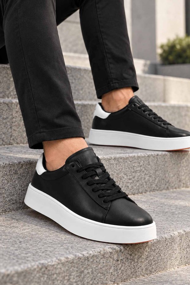 Men's Black Genuine Leather Sneaker Casual Sports Shoes Thick Sole