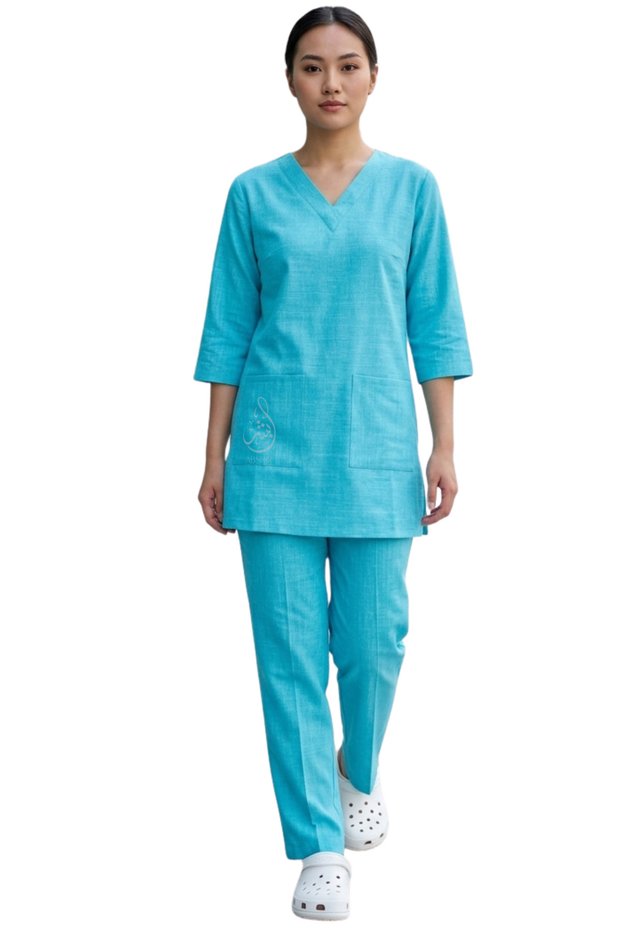 Housemaid Uniform/Khadama/Nanny Uniform Set, V-Neck Tunic with 3/4 Sleeves and Trousers, LINEN FABRIC