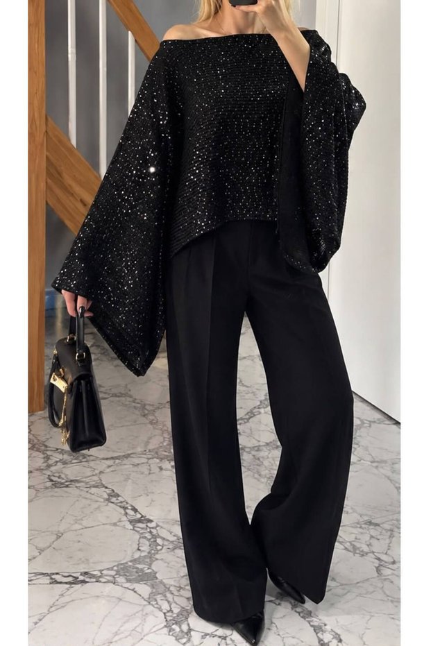 Trendy Shiny Sequin Cape Blouse
