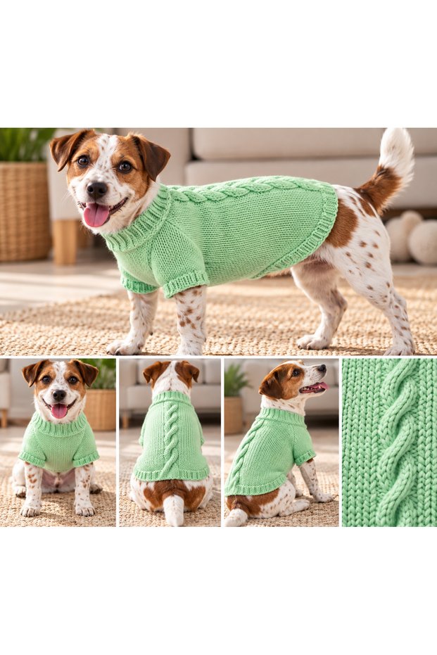 Hand Knitted Dog Sweater in Aqua Green – High-Necked, Twisted Detail, Short Sleeve Pet Clothing, 100% Cotton