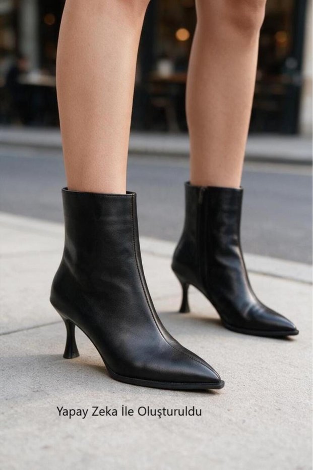 Women's Black Leather 7cm Pointed Toe Thin Heel Boots