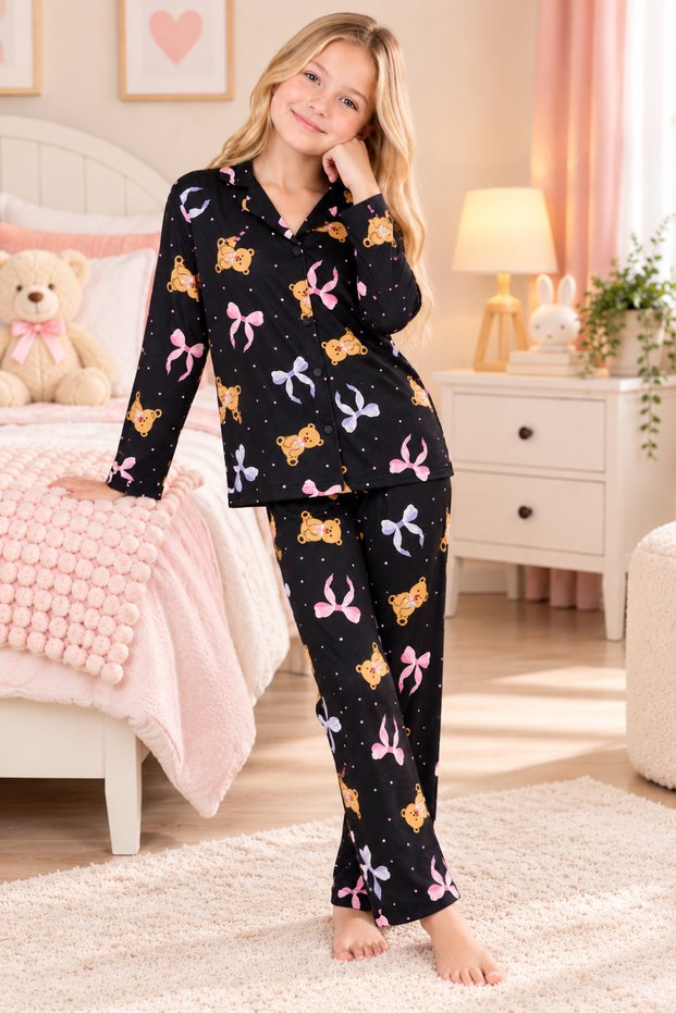 Girl's Cotton Long-Sleeved Button-Down Pajama Set