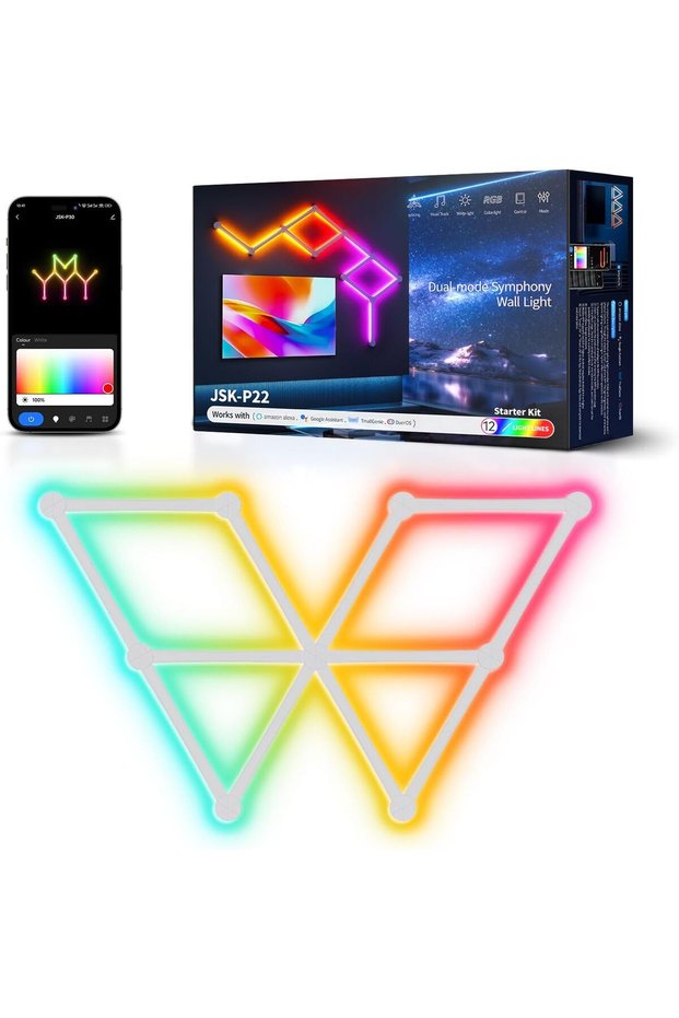 أضواء جدارية ذكية بتقنية واي فاي RGB LED باللون الأبيض (12 خطًا)