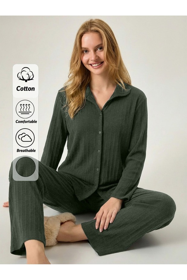 Khaki Soft Cotton Button Detailed Long Pajama Set