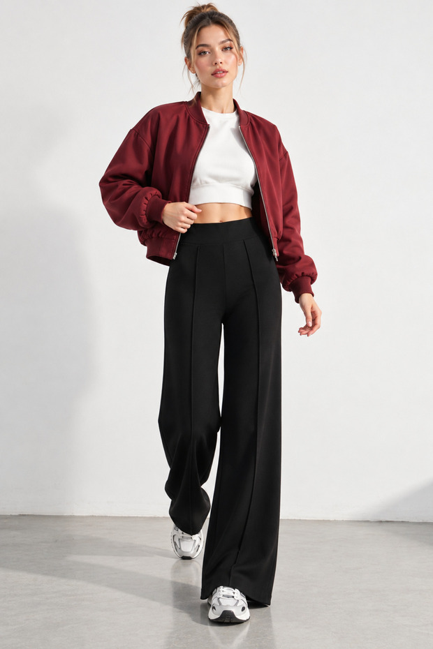 Women's Black Modal Striped Wide-Leg High-Waist Casual Soft Textured Elastic Waist Lycra Trousers