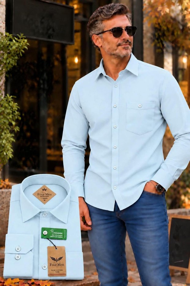 Men's Classic Wide Cut Long Sleeve Pocket Plain Cotton Shirt