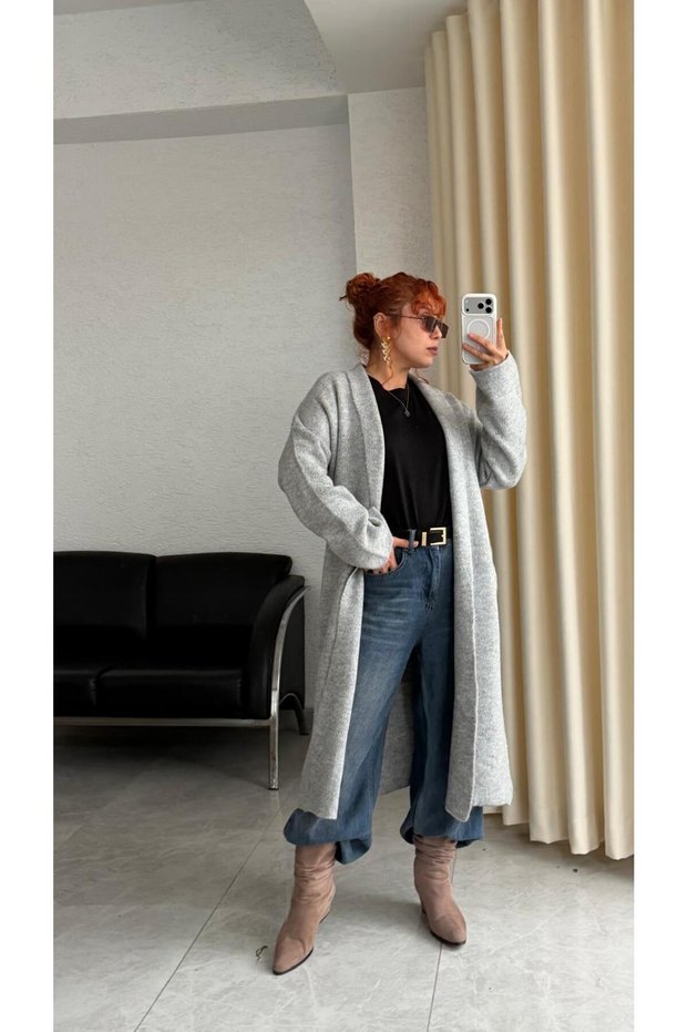 Premium Şardonlu 50% Wool Shawl Collar Long Cardigan