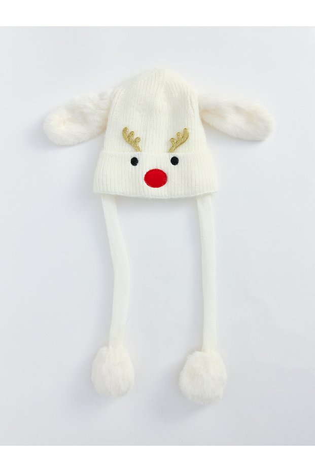 Peak New Season Ecru Women's Embroidered Knitted Beanie with Ear Flaps and Pom-Pom