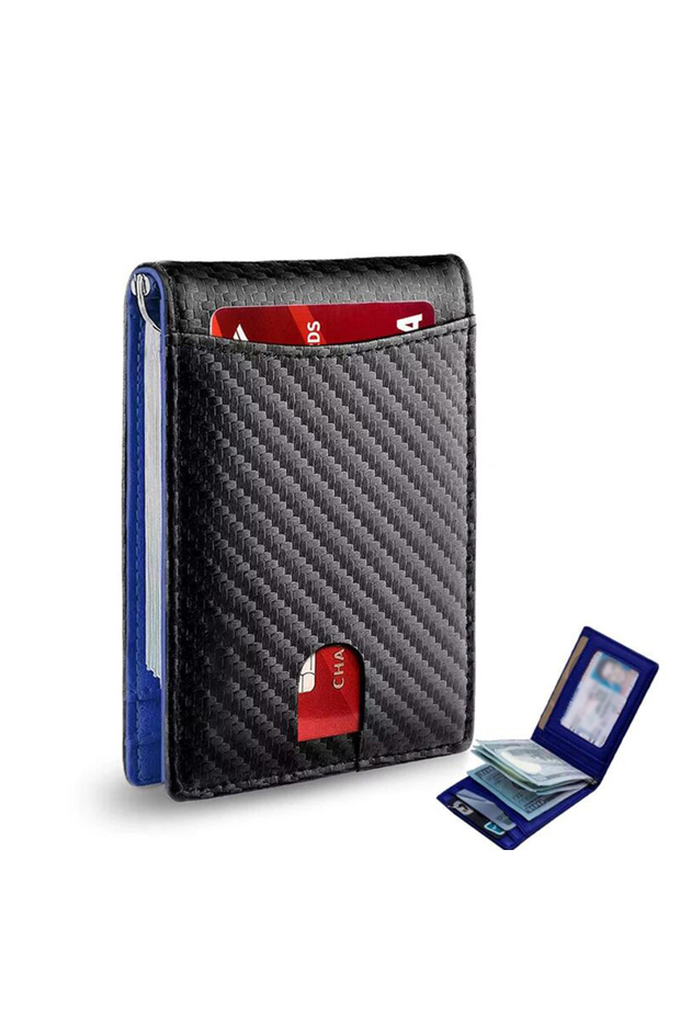 Carbon Blue Rfid Leather Holder Men Wallets Luxury Money Bag Slim Thin Male Short Cardho