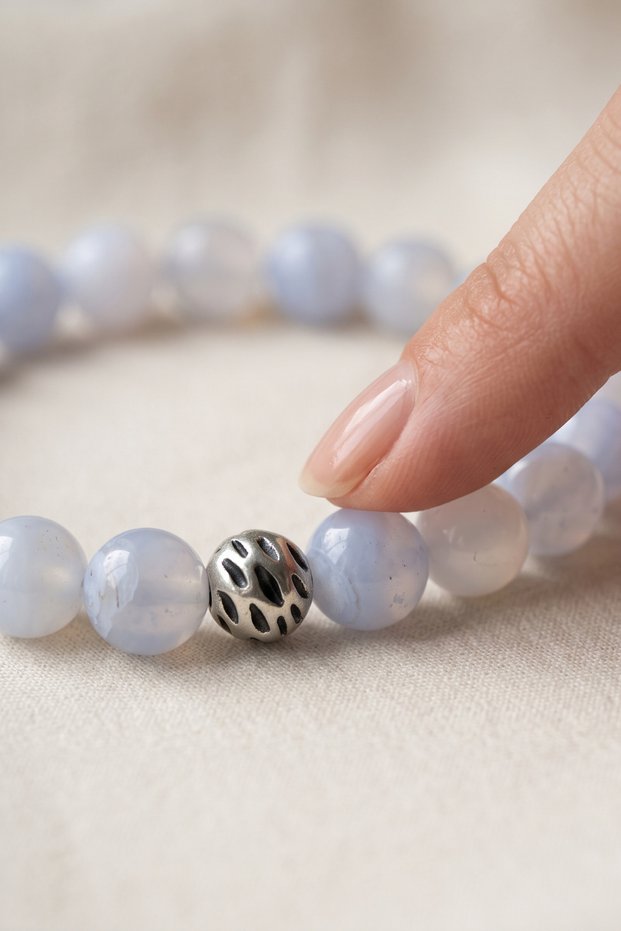 Natural Chalcedony Stone Bracelet 8 mm - Genuine Natural Stone Men's and Women's Bracelet with Alpaca Spacer (Blue Chalcedony)