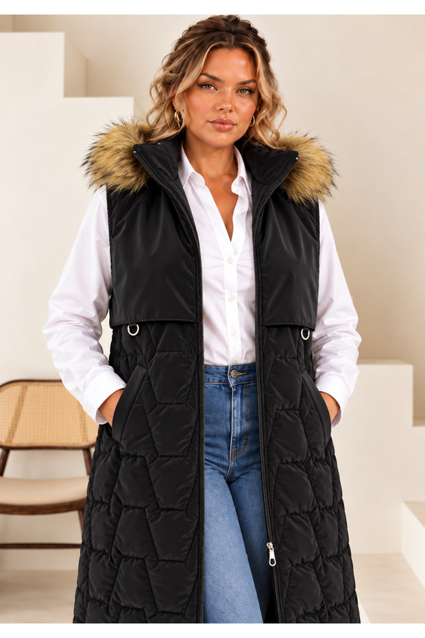 Women's Plus Size Removable Hooded Lined Inside with Detailed Front Piece and Pockets Winter Thick Long Puffer Vest 25061