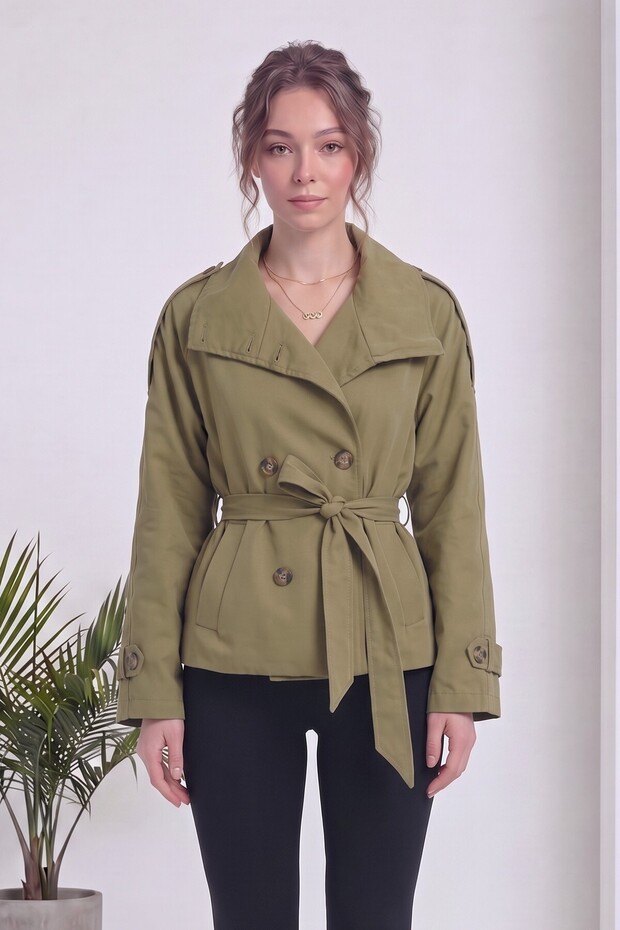 Women's Stand Collar Belted Buttoned Short Trench Denim Jacket Black, Brown, Khaki