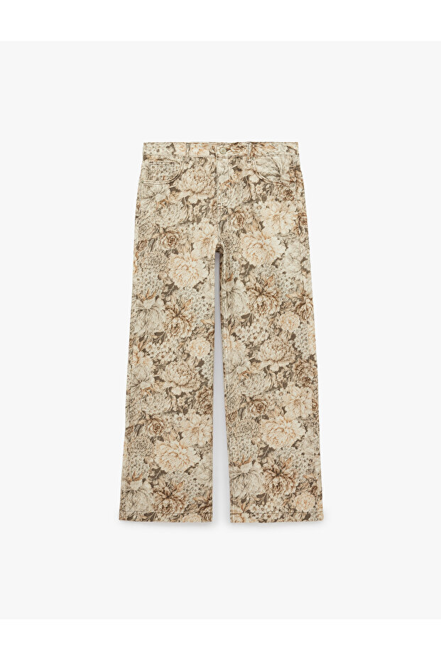 Floral Printed Pocketed Buttoned Comfortable Fit Cotton Baggy Trousers - Baggy Jeans
