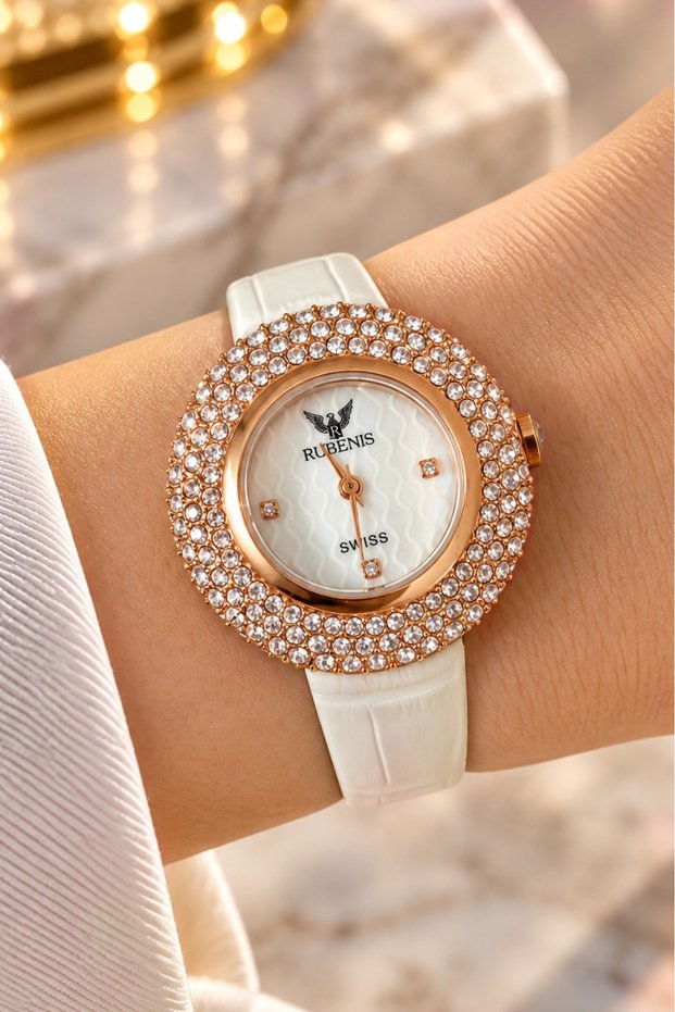 Swiss Women's Wristwatch Steel in Rose Gold Color 33mm with Crystal Stones Real Leather Strap White Dial