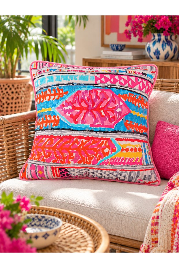 Colorful Bohemian Ethnic Patterned Cushion Cover 43X43 cm - Pink Turquoise Piping Double-Sided Printed