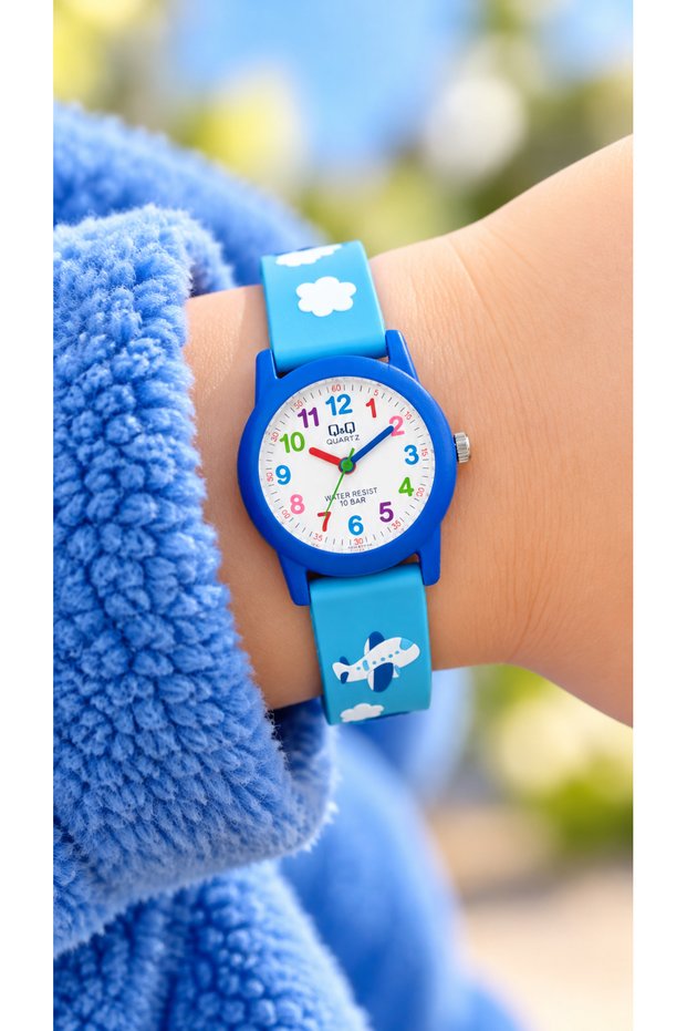 Airplane Patterned-10 Atm Pool Sea Use-Blue Silicone Cord Numerologic Children's Wristwatch+Bracelet