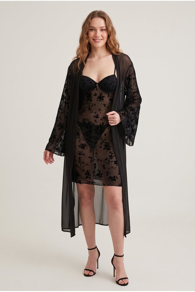 Women's Black Transparent Floral Patterned Dressing Gown and Underwear Set