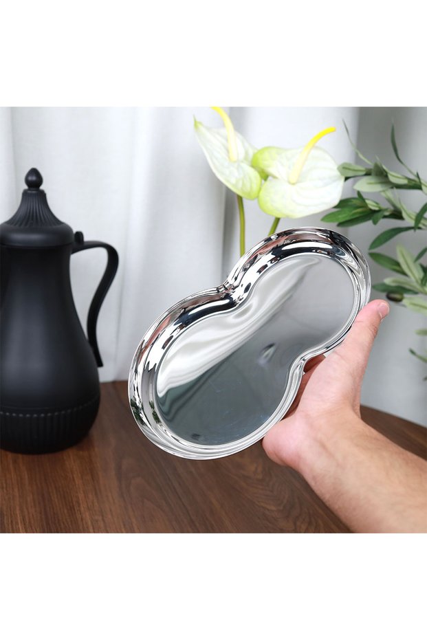 صحن تقديم ضيافة فاخر من استانلس استيل ــ فضي ــ 24x15سم