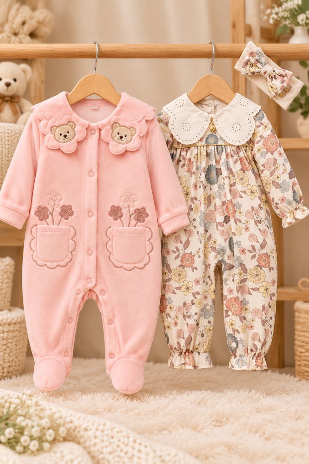 Baby Girl 2-Piece Long Sleeve Jumpsuit Set with 1 Velvet and 1 Cotton Detailed Floral Pattern