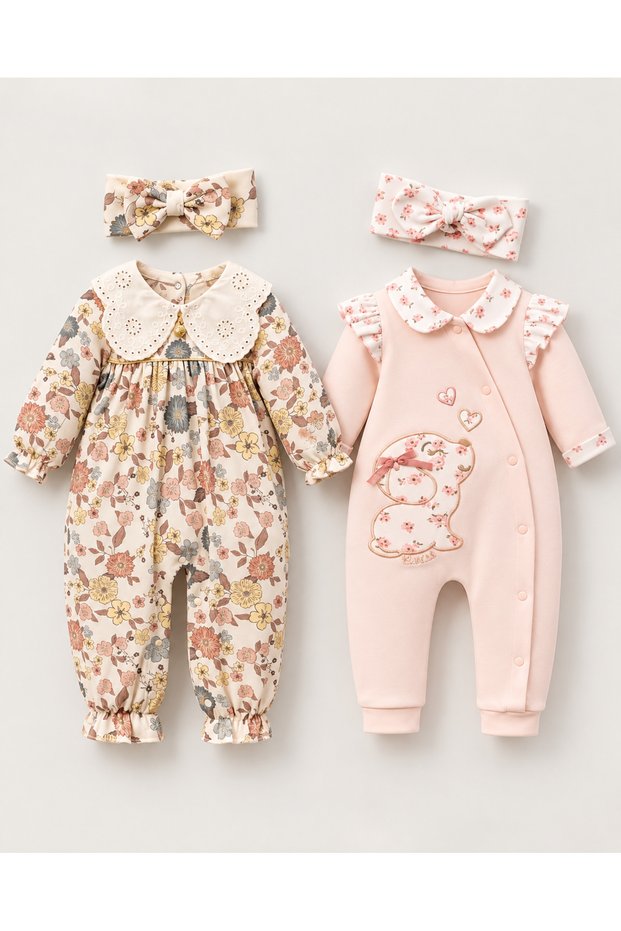 Baby Girl 2-Piece Long Sleeve Set with 1 Floral Patterned and 1 Cotton Dog Print Jumpsuit