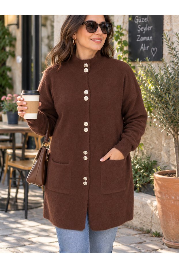 Women's Araboy Winter Angora Soft Stand Collar Stretchy Lycra Pocketed Buttoned Cardigan