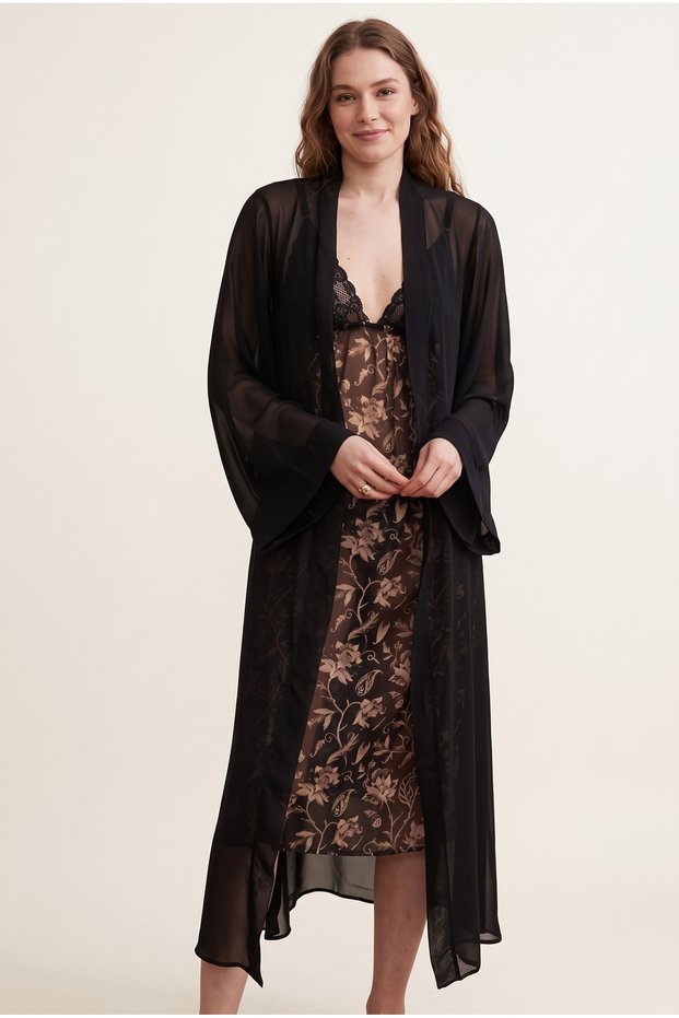 Women's Black Floral Patterned Lace Detailed Nightgown and Transparent Long Dressing Gown Two-Piece Set