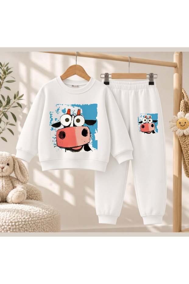 Team Sweatshirt with Cow Eye Print for Girls and Boys, Crew Neck